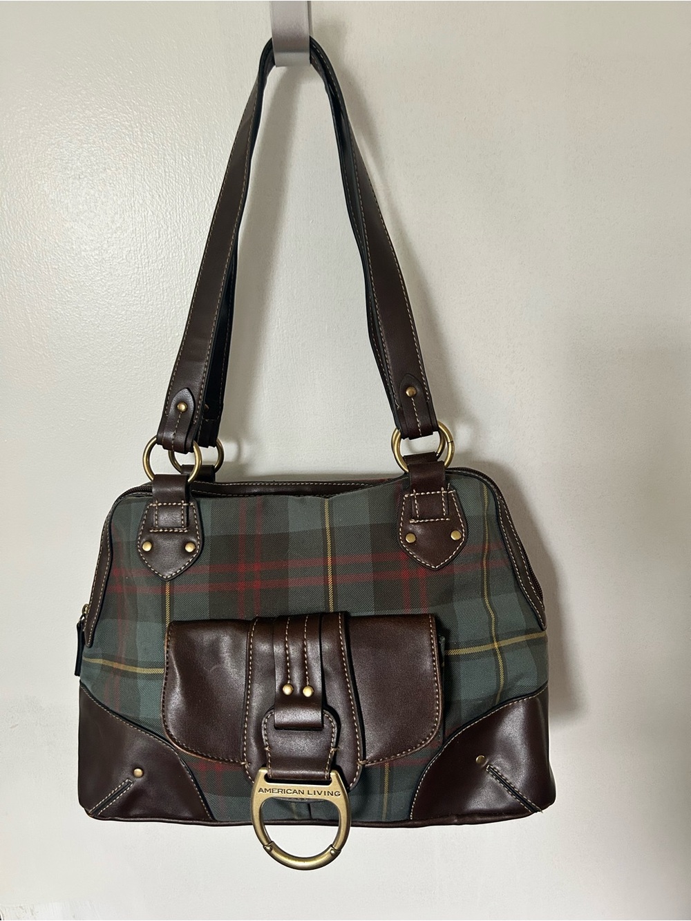 American Living Shoulder Bag Green Tartan Buckle Faux Leather Purse Pockets